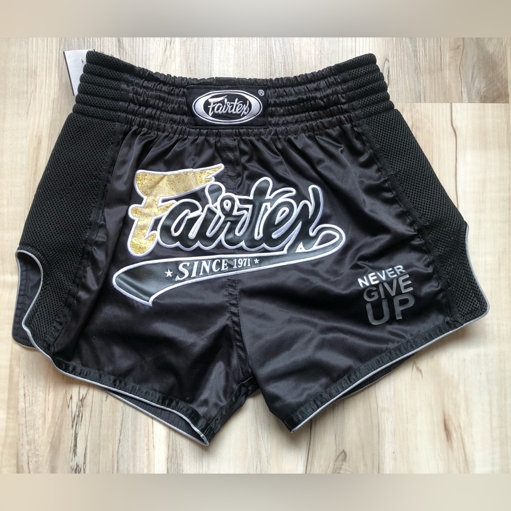 Fairtex Slim Cut Muay Thai Boxing Black Athletic Training Shorts Gold Accent